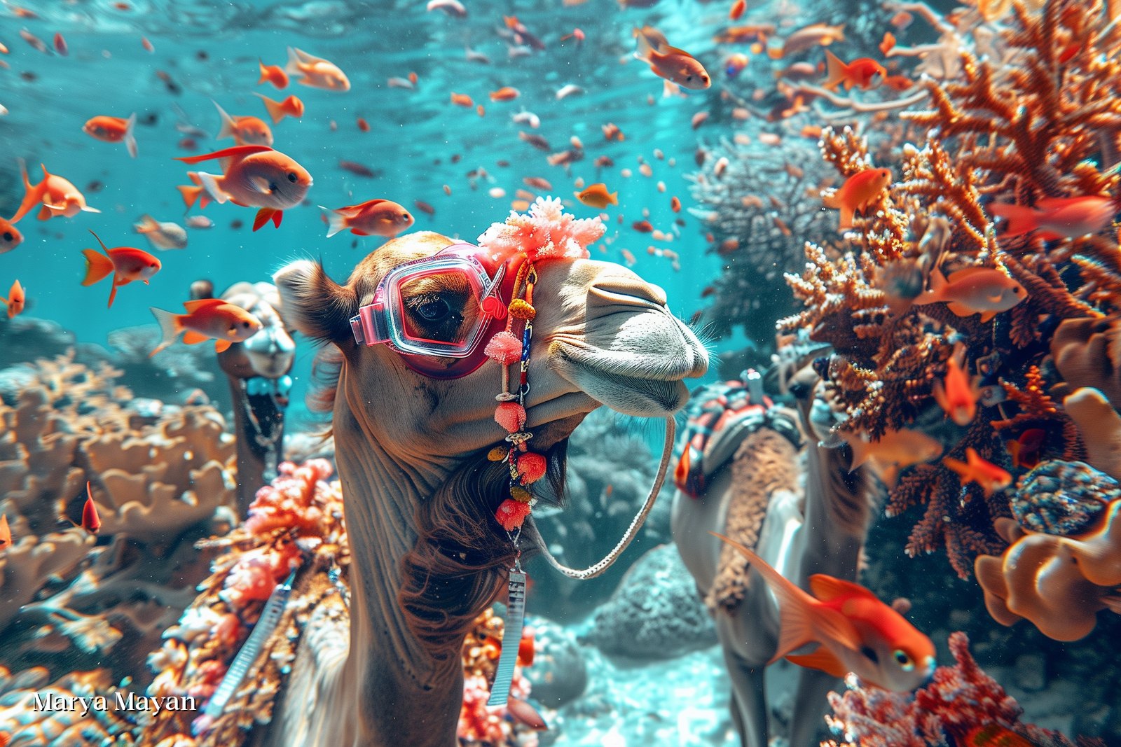 Unfamiliar — a camel snorkelling in a coral reef